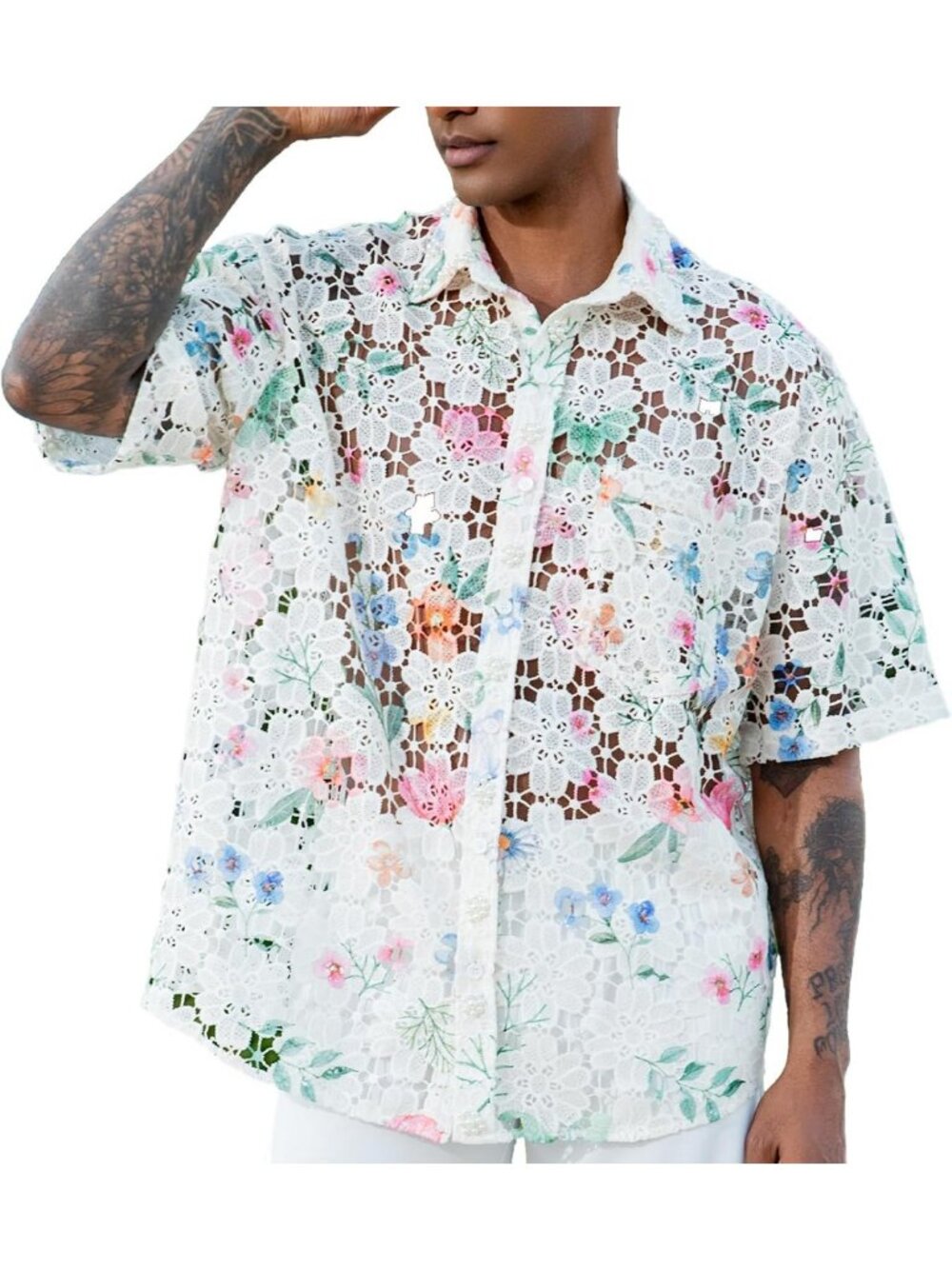 Men's Short Sleeve Floral Mesh Shirt - See-Through Summer Button Down Top